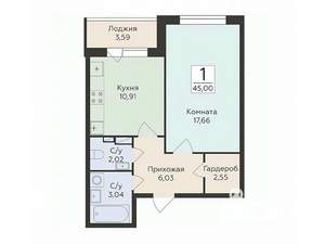 1-к квартира, вторичка, 45м2, 9/16 этаж
