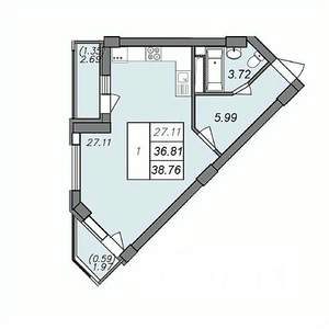 1-к квартира, вторичка, 39м2, 3/13 этаж