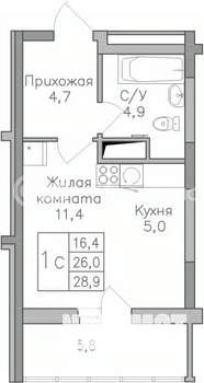 Студия квартира, вторичка, 29м2, 22/25 этаж