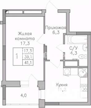 1-к квартира, строящийся дом, 41м2, 16/25 этаж