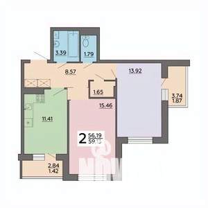 2-к квартира, строящийся дом, 59м2, 11/18 этаж