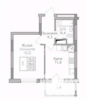 1-к квартира, строящийся дом, 38м2, 25/25 этаж