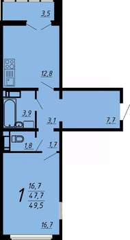 1-к квартира, строящийся дом, 50м2, 1/21 этаж