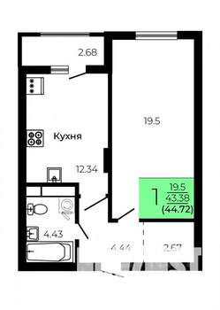 1-к квартира, строящийся дом, 45м2, 4/9 этаж