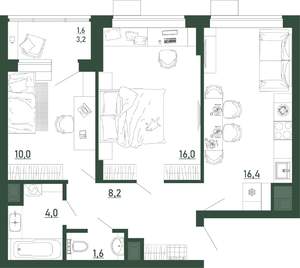 2-к квартира, строящийся дом, 58м2, 9/13 этаж