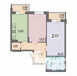2-к квартира, строящийся дом, 62м2, 13/18 этаж