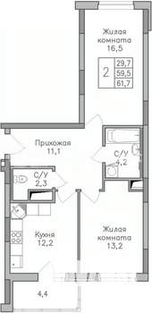 2-к квартира, строящийся дом, 62м2, 17/25 этаж