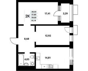 2-к квартира, строящийся дом, 60м2, 6/21 этаж