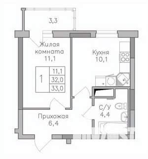 1-к квартира, строящийся дом, 33м2, 21/25 этаж