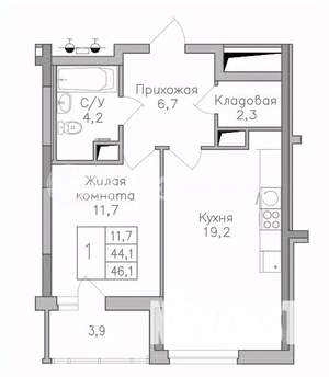 1-к квартира, строящийся дом, 46м2, 19/25 этаж