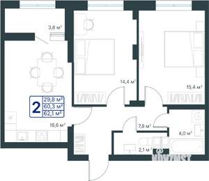 2-к квартира, строящийся дом, 62м2, 6/25 этаж